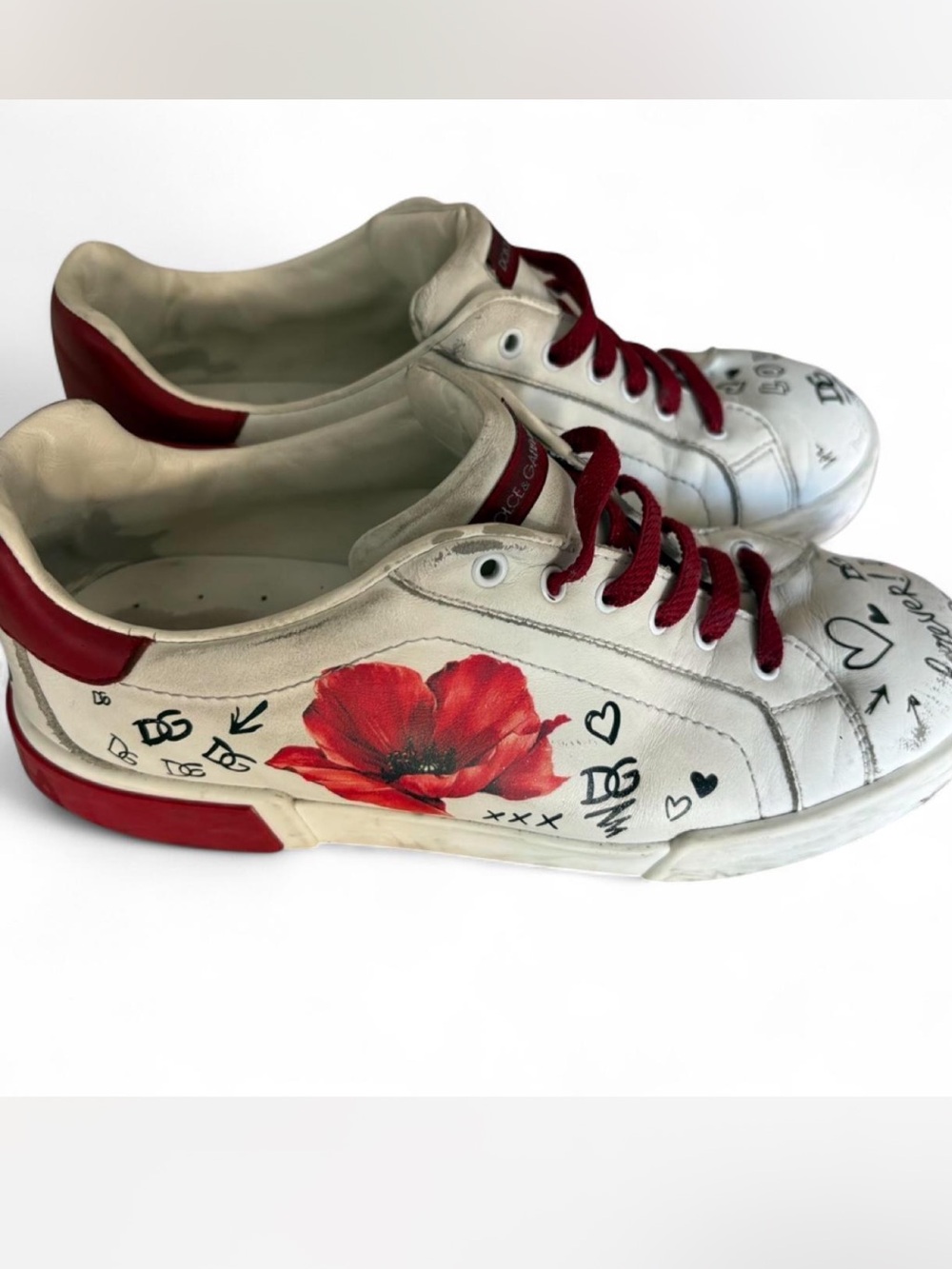 Dolce & Gabbana White Sneakers with Red Poppy and Red Accents